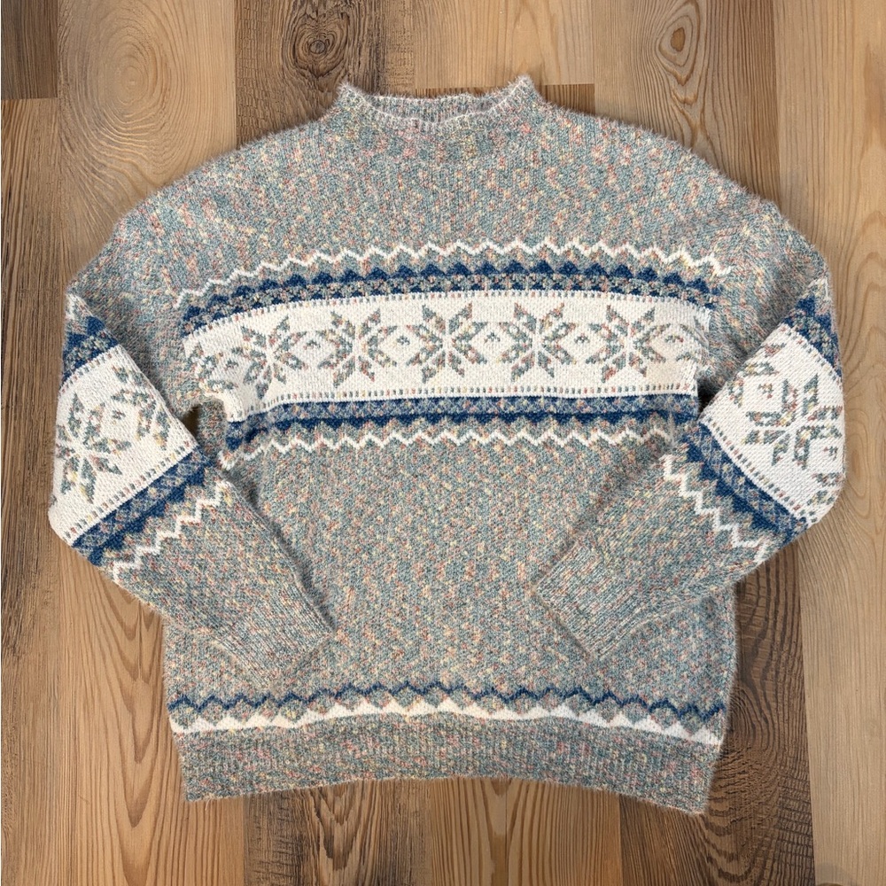 Vintage 90s Fuzzy Fair Isle Quilt Star Cottagecore Sweater Mock Neck Size M